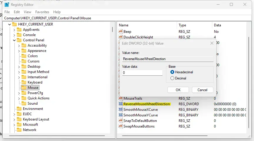 Windows 11 Registry Editor for changing mouse scroll direction.