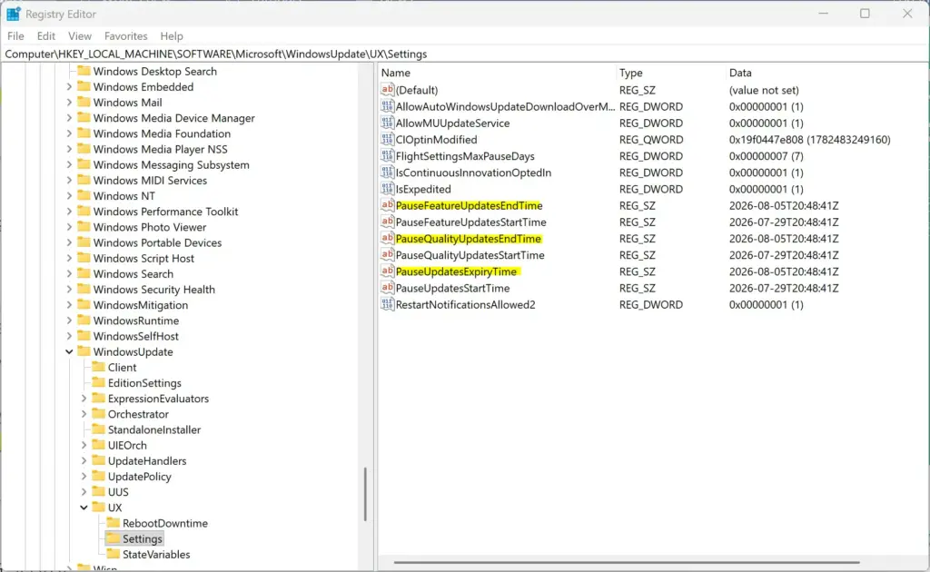 Registry settings for paused Windows 11 updates.