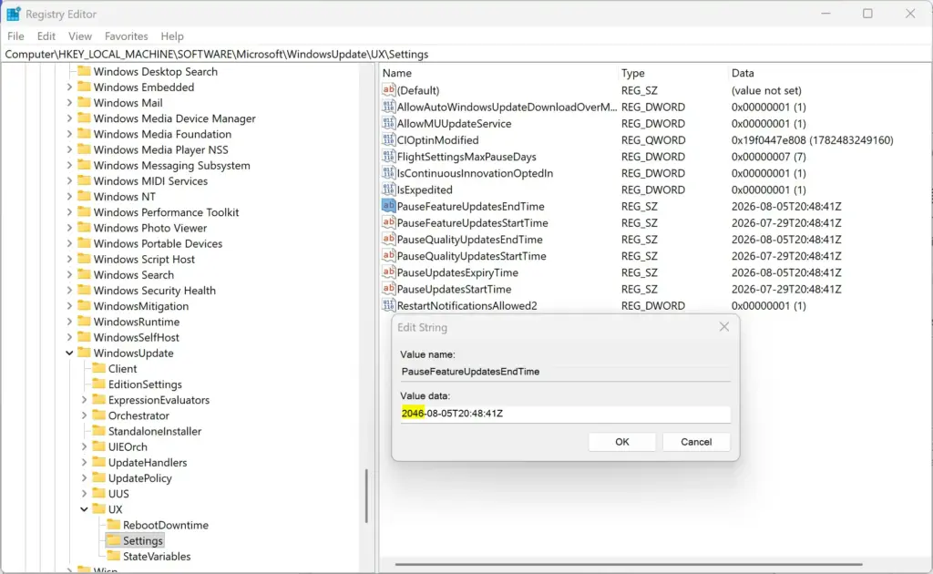 Registry date settings for paused Windows 11 updates.