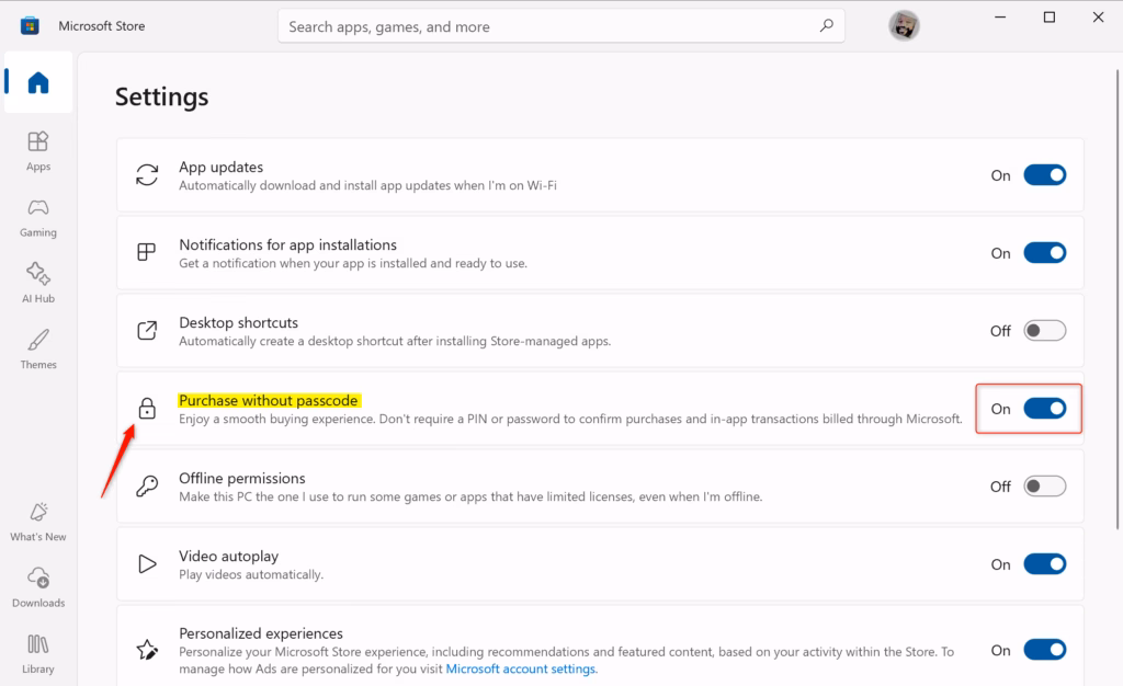 Purchase without passcode toggle setting in the Microsoft Store app