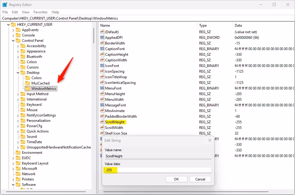 Scrollbar size change height Windows 11