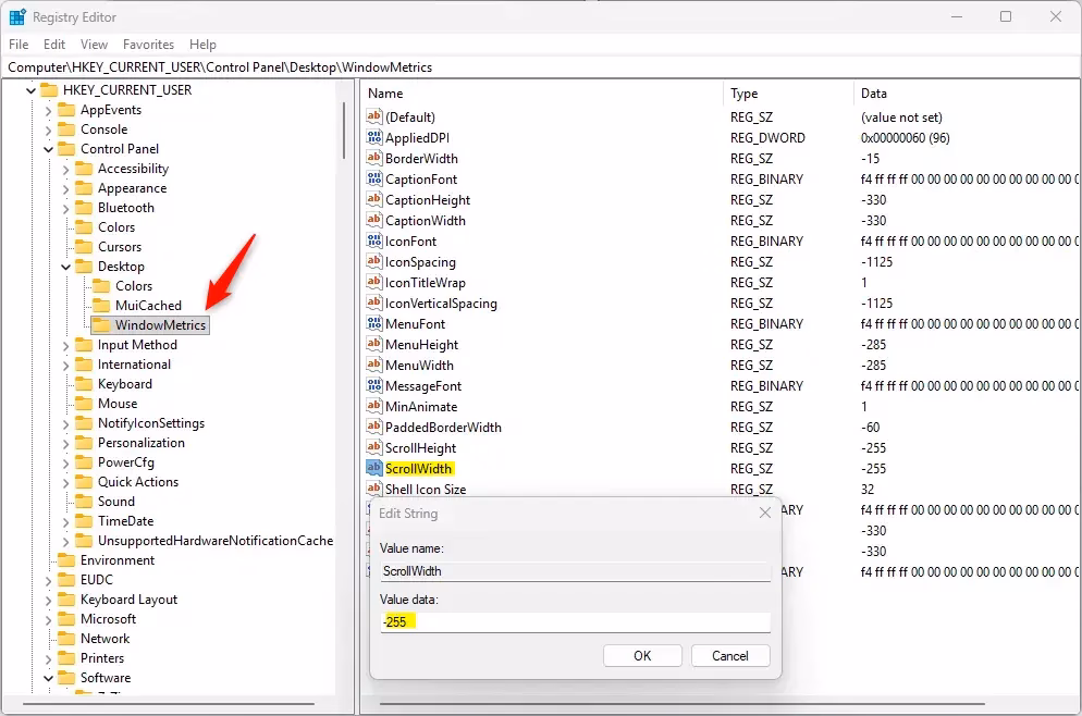 Scrollbar size change weight Windows 11