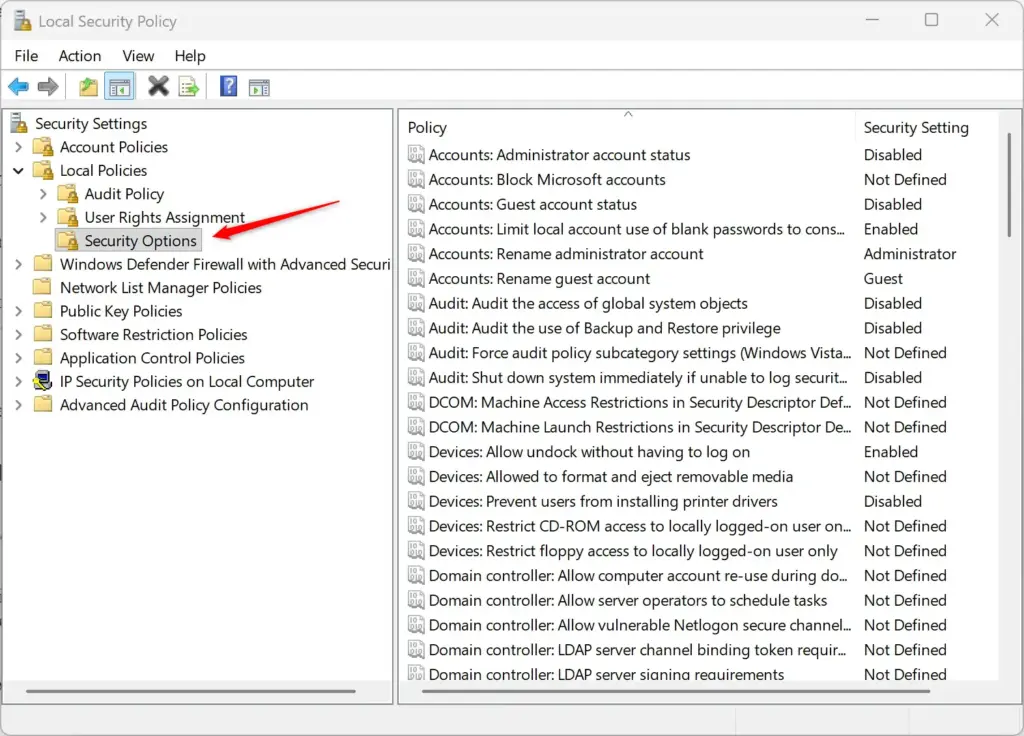 Windows 11 security options in Local Security Policy Editor.