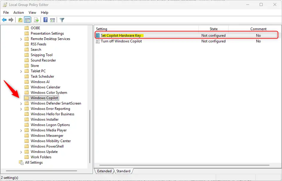 Group Policy Editor settings for the Copilot hardware key.