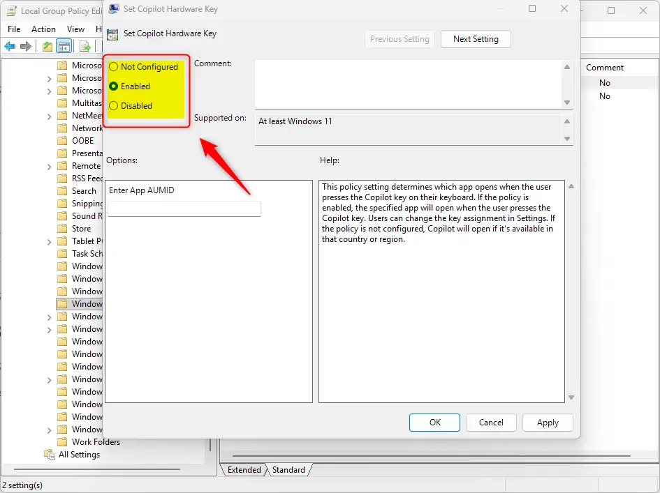 Options to configure the Copilot hardware key behavior in Windows.