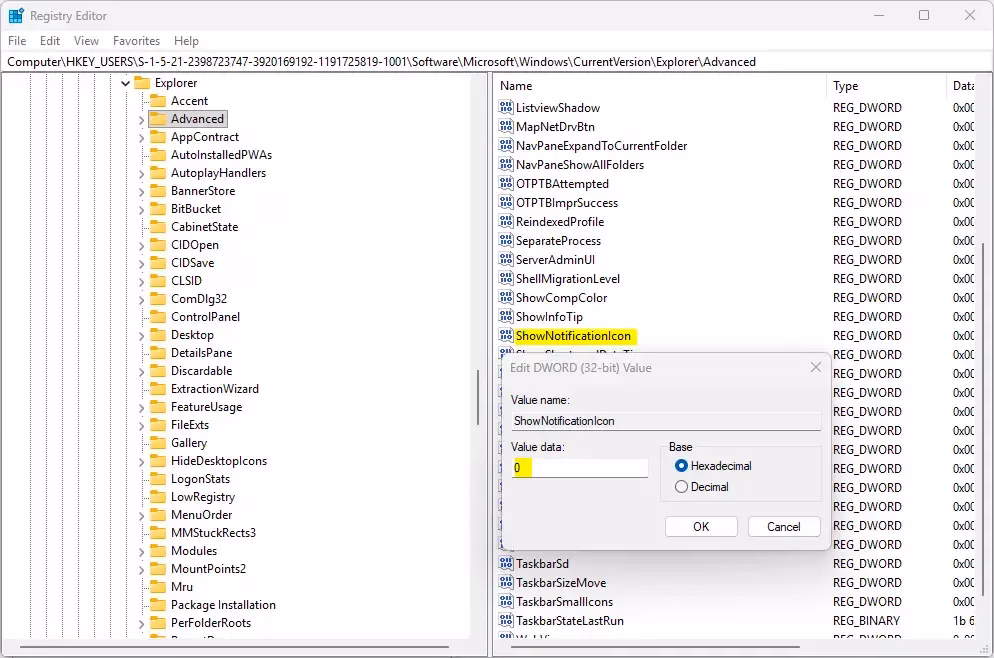 Show notification bell icon Windows 11 reg