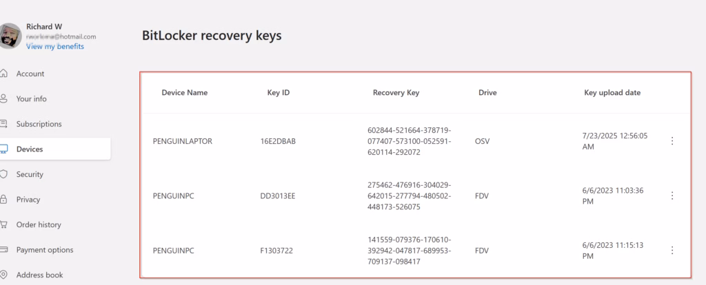 Microsoft account recovery keys