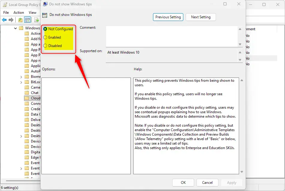 Group Policy Editor options for disabling Windows tips and suggestions.