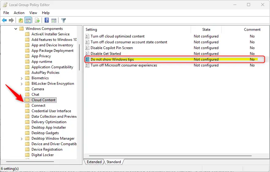 Group Policy Editor window showing options to disable Windows tips.
