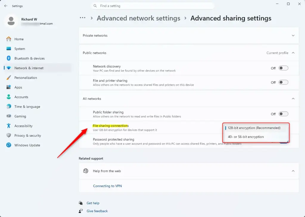Windows 11 advanced sharing settings for file sharing connections.
