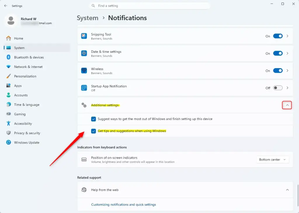 Windows 11 settings for getting tips and suggestions notifications.