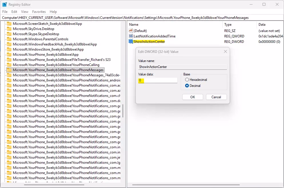 Registry Editor notification settings configuration path