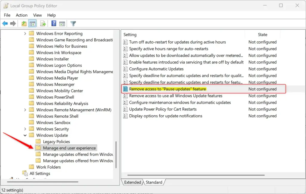 Disable pause updates feature in Windows 11 settings.