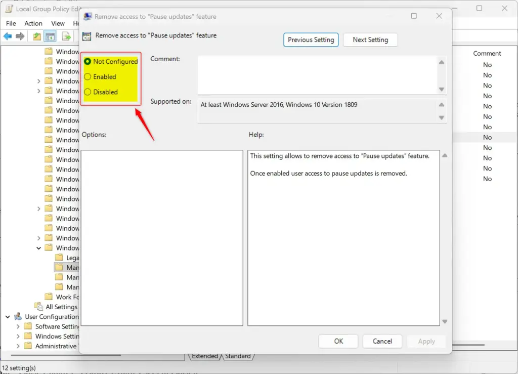 Windows 11 settings screen showing how to disable pause updates.