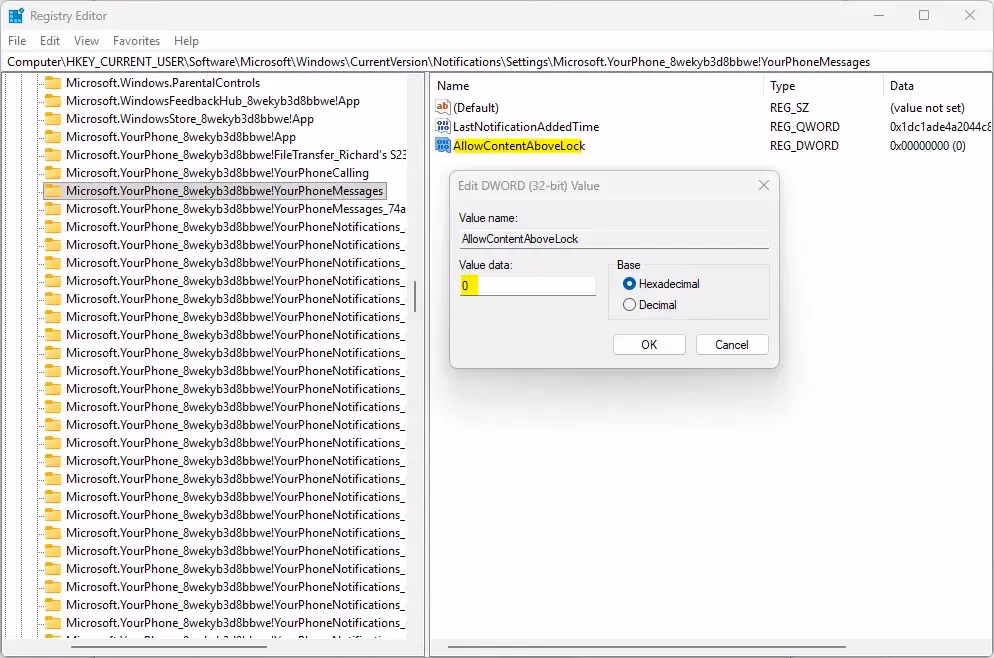 Registry Editor AllowContentAboveLock notification setting
