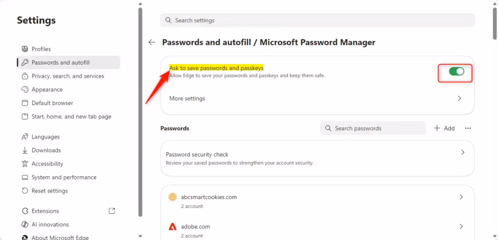 Toggle switch to enable or disable Ask to save passwords feature