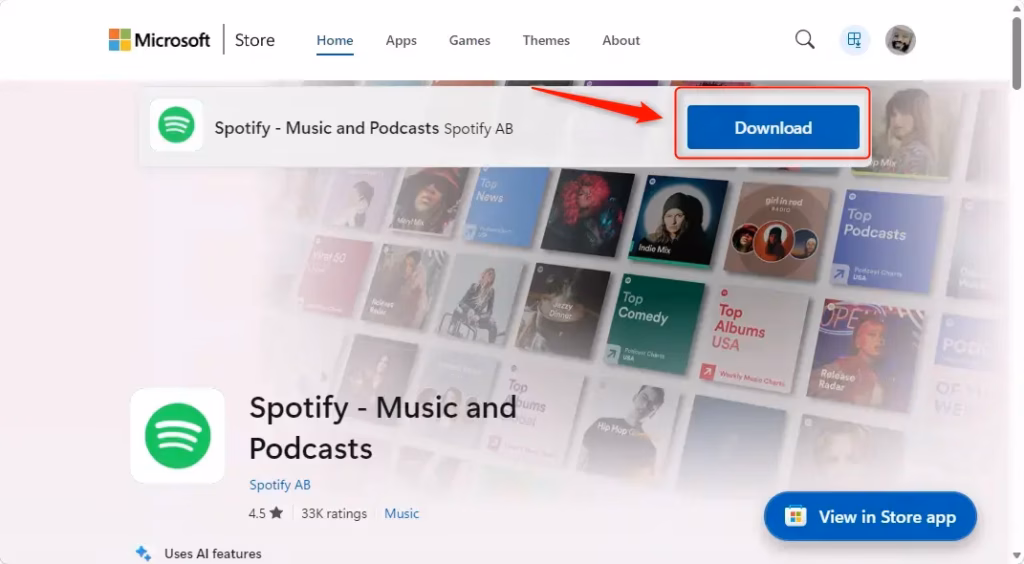 Spotify app download page in Microsoft Store