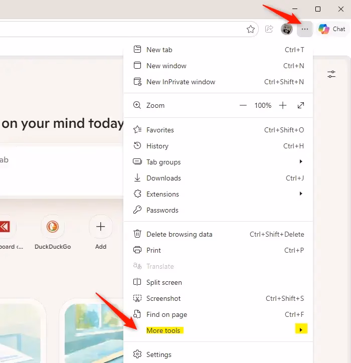 Microsoft Edge More tools menu option highlighted