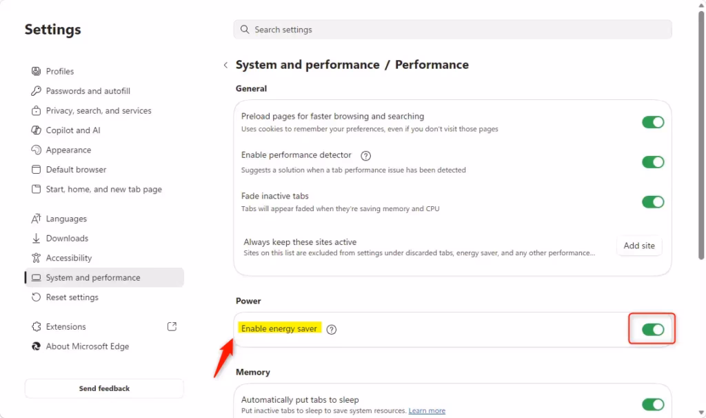 Enable energy saver toggle button in Edge settings