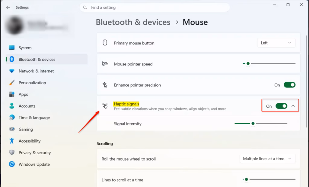 Windows 11 Mouse settings showing Haptic signals toggle button