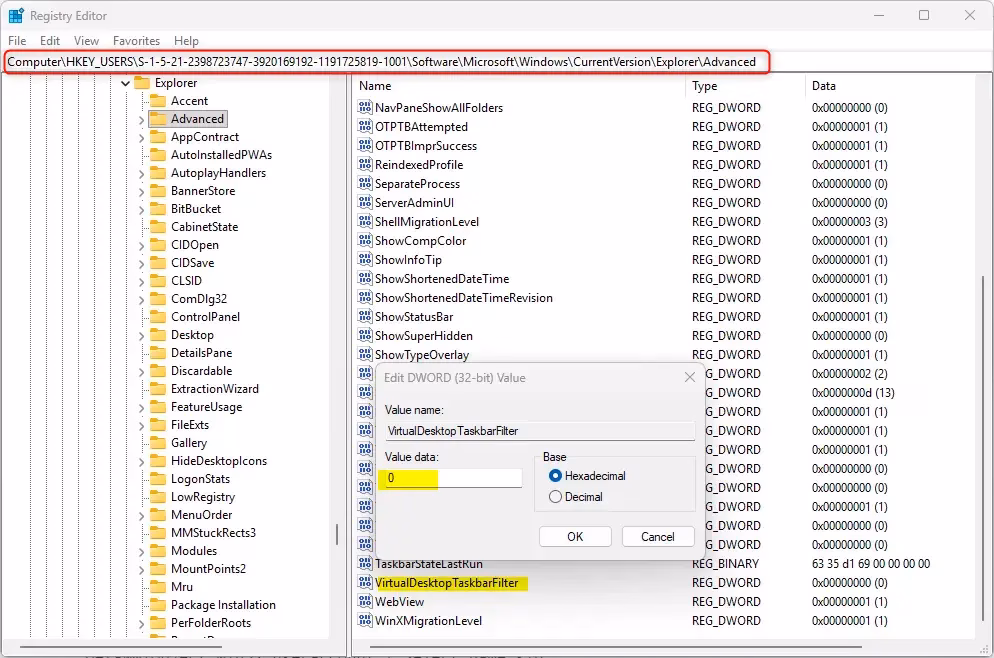 Registry editor showing taskbar open windows configuration setting