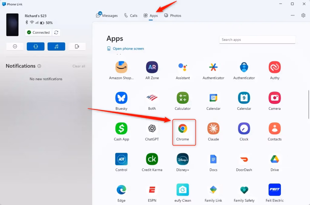 Opening an Android app via Phone Link on Windows 11