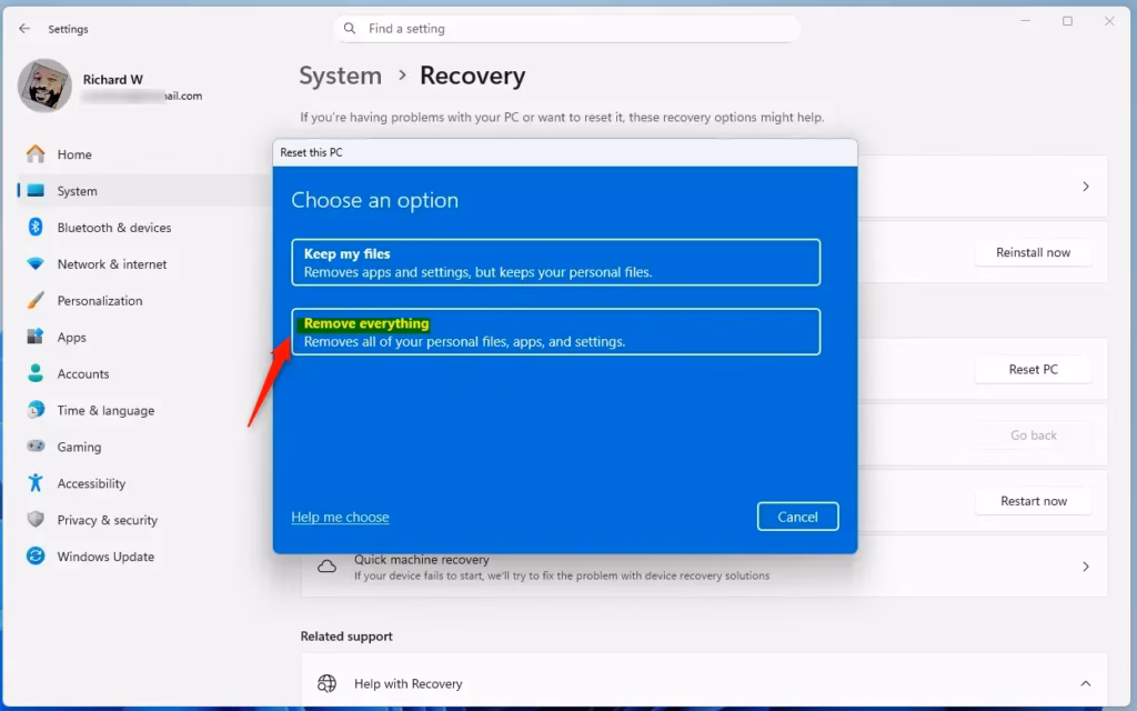 Reset this PC remove everything option confirmation