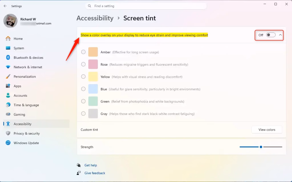 Toggle button for enabling Screen Tint in Windows 11 settings