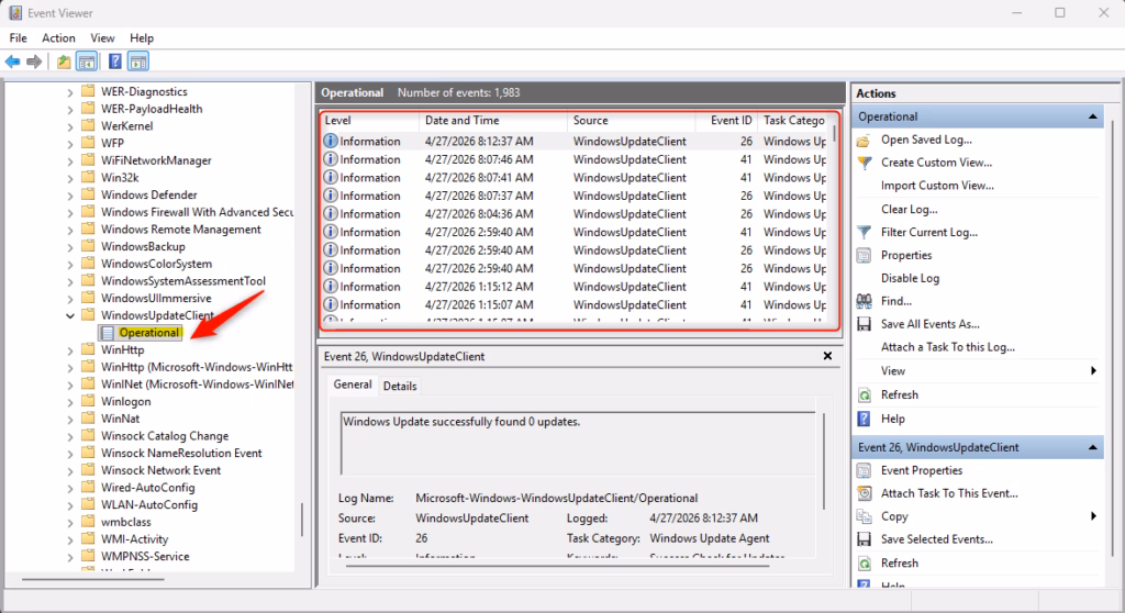 Windows Event Viewer interface displaying system logs for Windows update troubleshooting