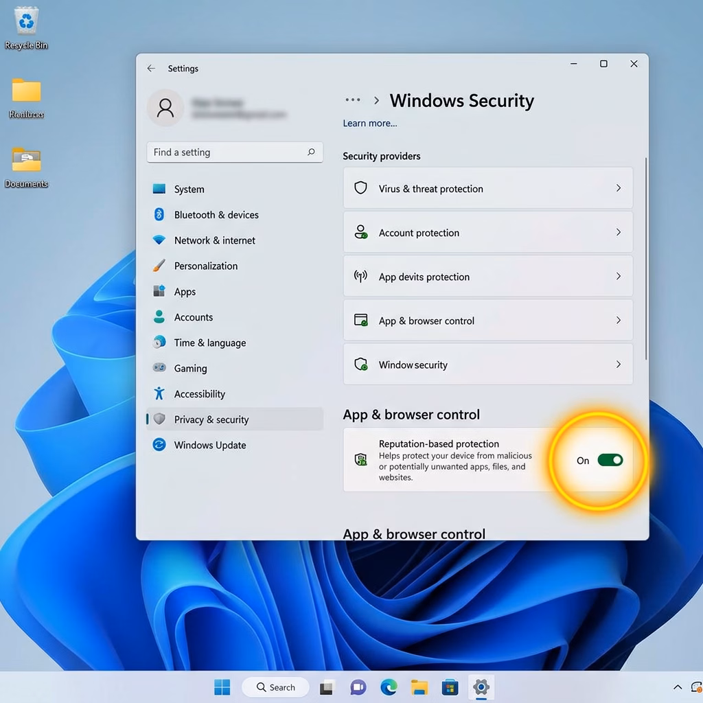 Windows 11 desktop security settings toggle highlighted