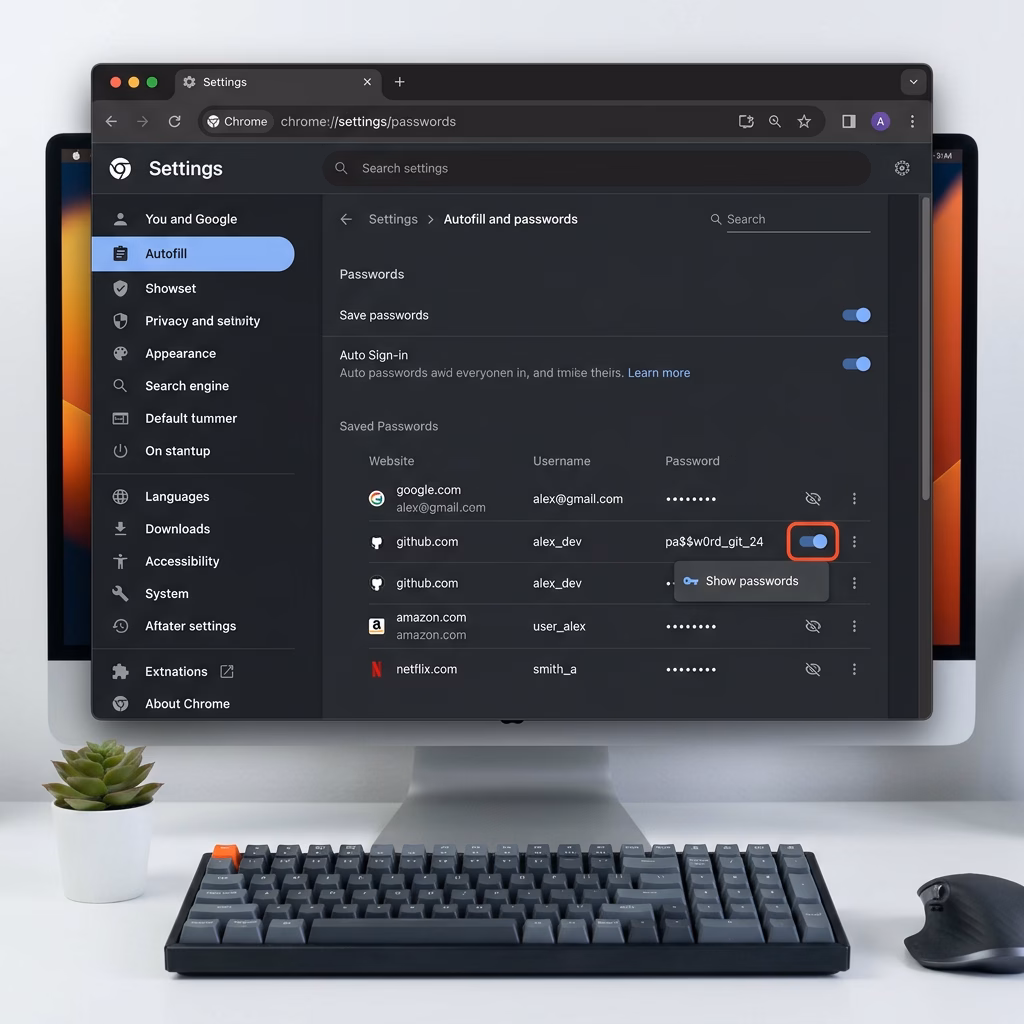 Desktop browser settings page with password toggle