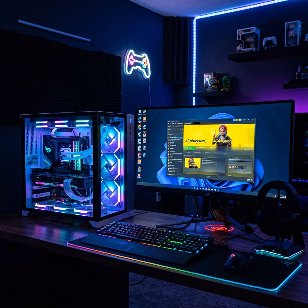 RGB desktop PC with Windows gaming interface