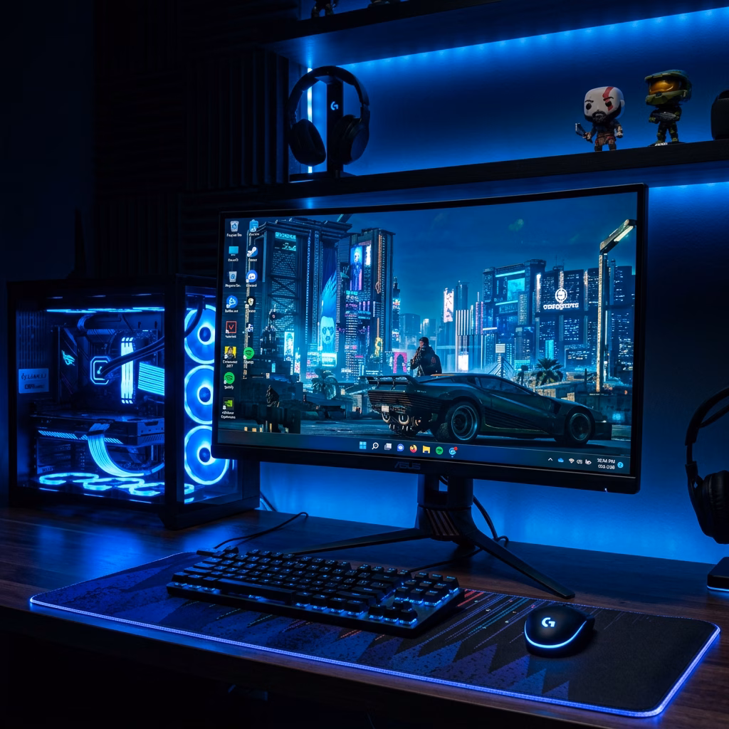Gaming-themed Windows desktop on monitor in blue-lit room