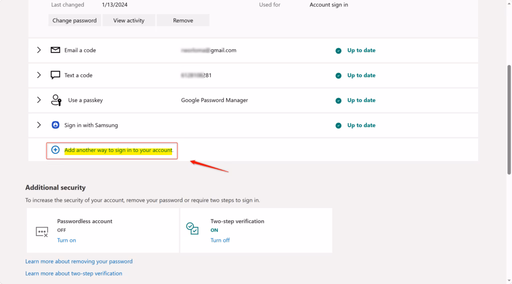 Microsoft account security settings: Add another way to sign in.