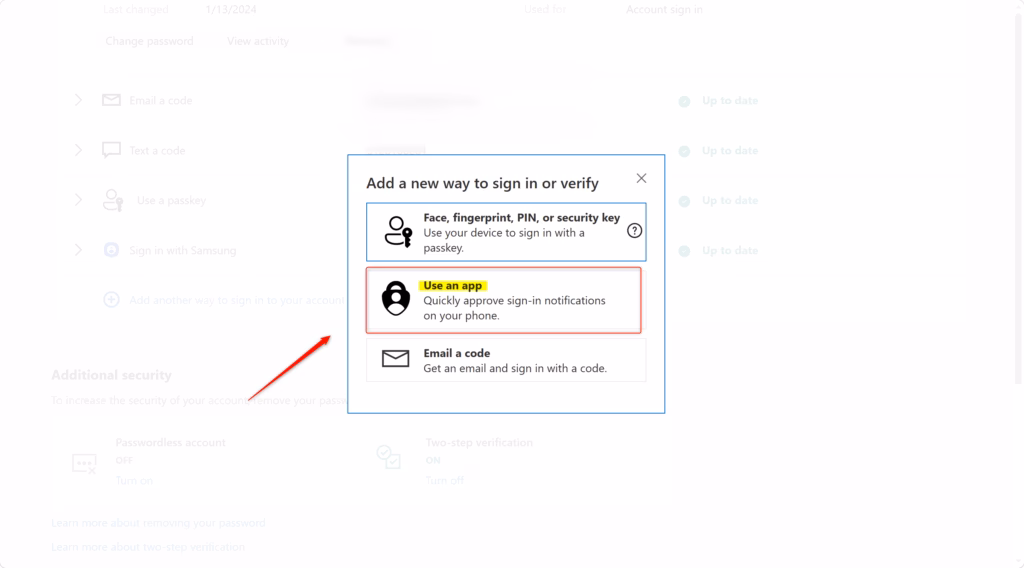 Microsoft Authenticator app setup: Add another way to sign in.