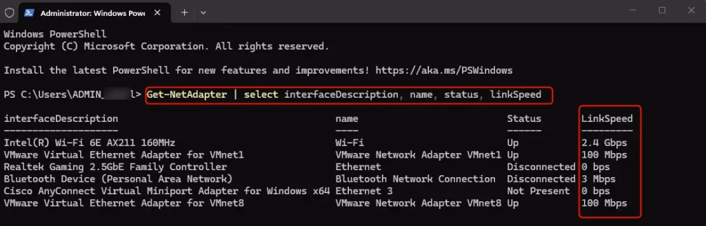 PowerShell command interface for checking network adapter connection speed