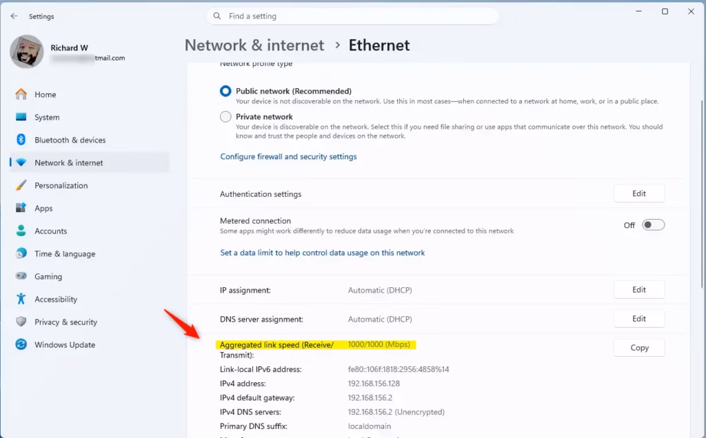 Ethernet connection properties showing link speed in Windows 11 settings