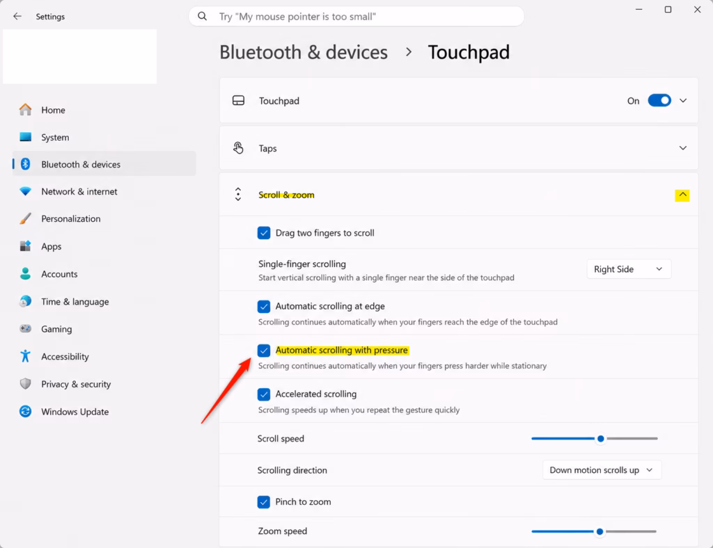 Checkbox for enabling automatic scrolling with pressure in Windows 11