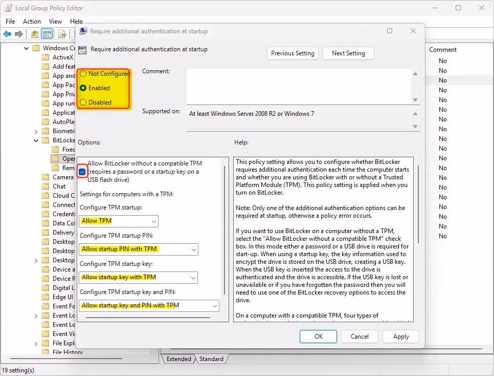 BitLocker settings window showing additional authentication options for Windows 11 startup