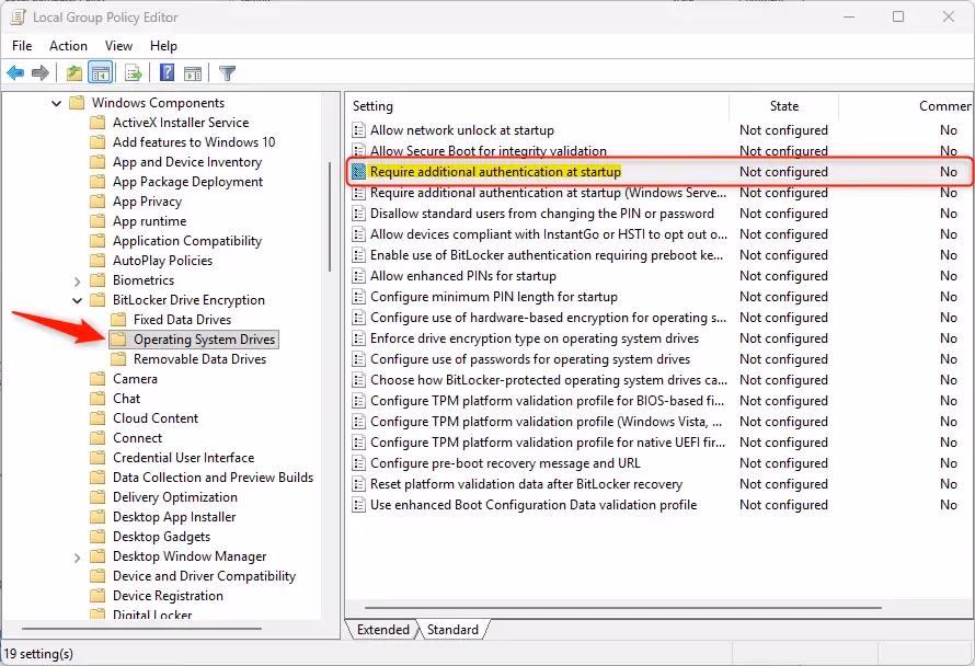 Group Policy Editor window for BitLocker require additional authentication at startup
