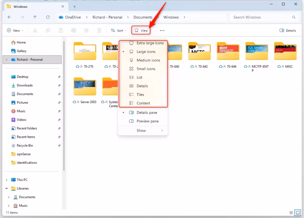 Change folder layout view using the File Explorer toolbar options.