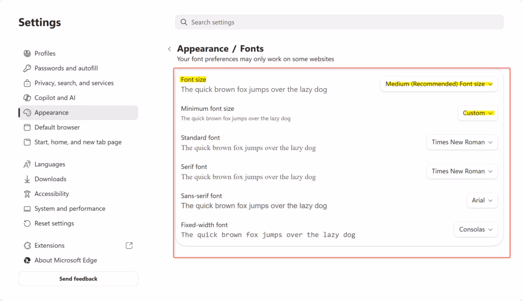 Customizing text size options within Microsoft Edge browser settings.