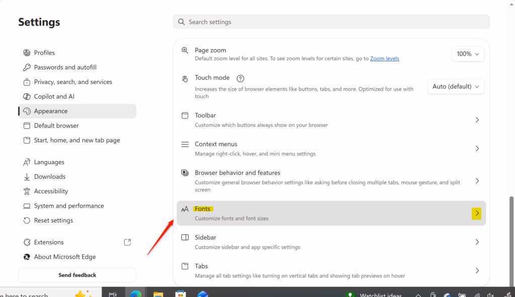 Microsoft Edge browser settings for adjusting font and text size.