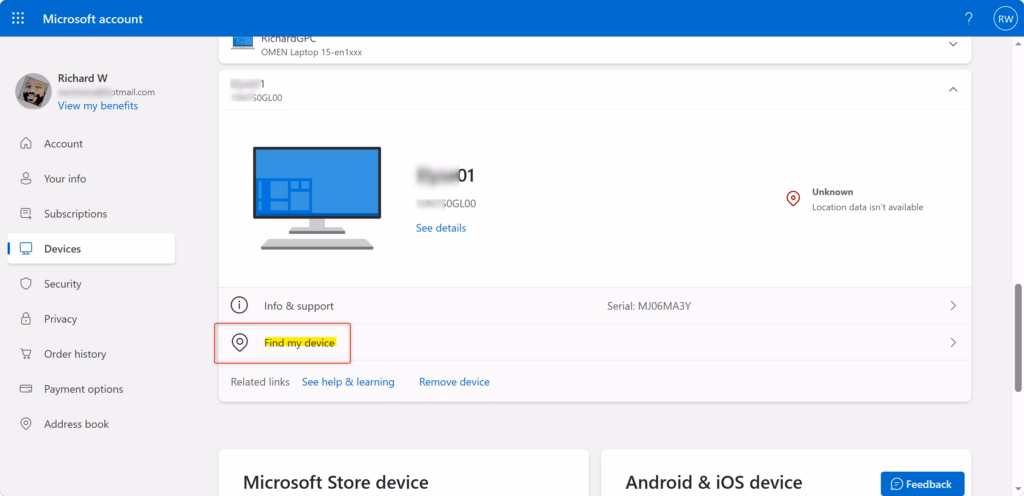 Windows 11 Find my device settings screen linked to Microsoft account.