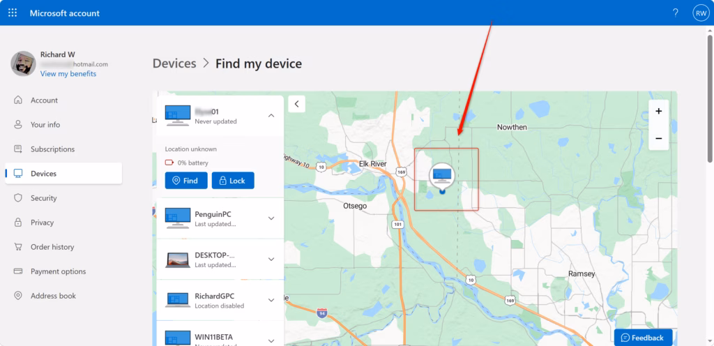 Windows 11 Find my device showing a map with the device's location.