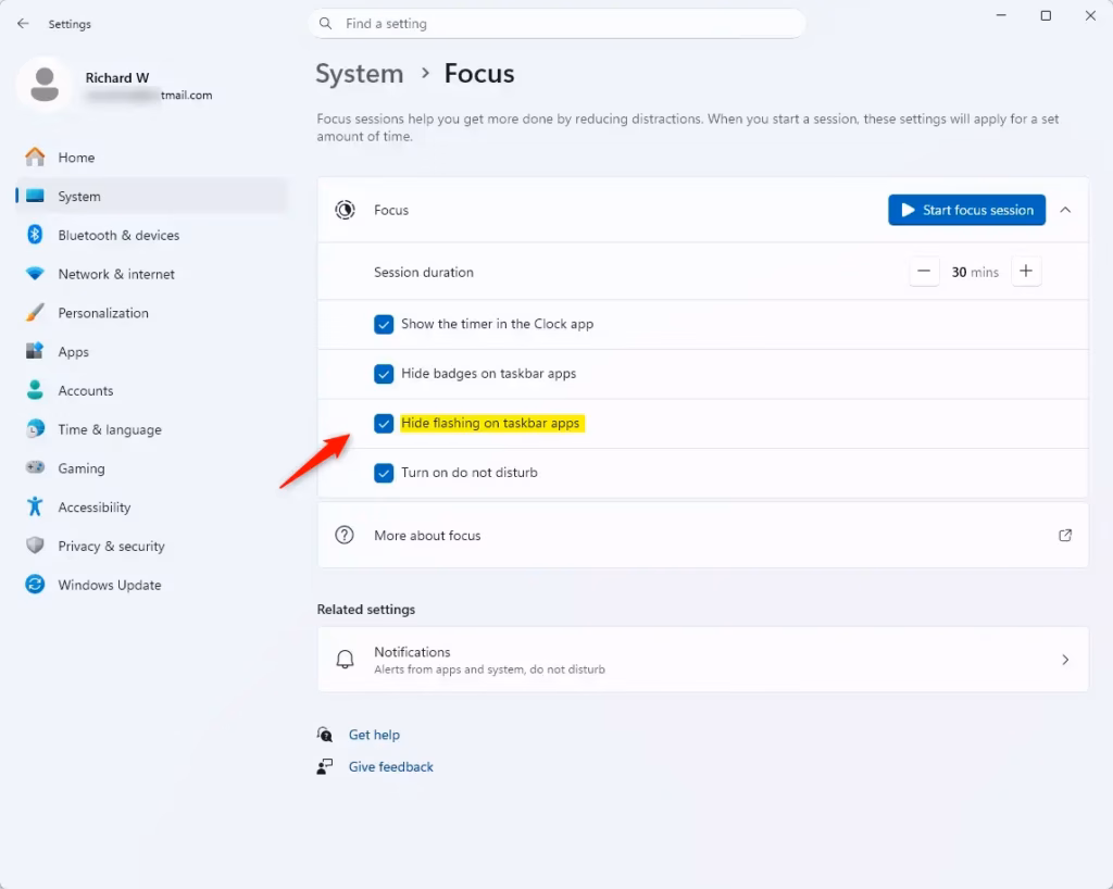 Hide flashing on taskbar apps setting within Windows 11 Focus