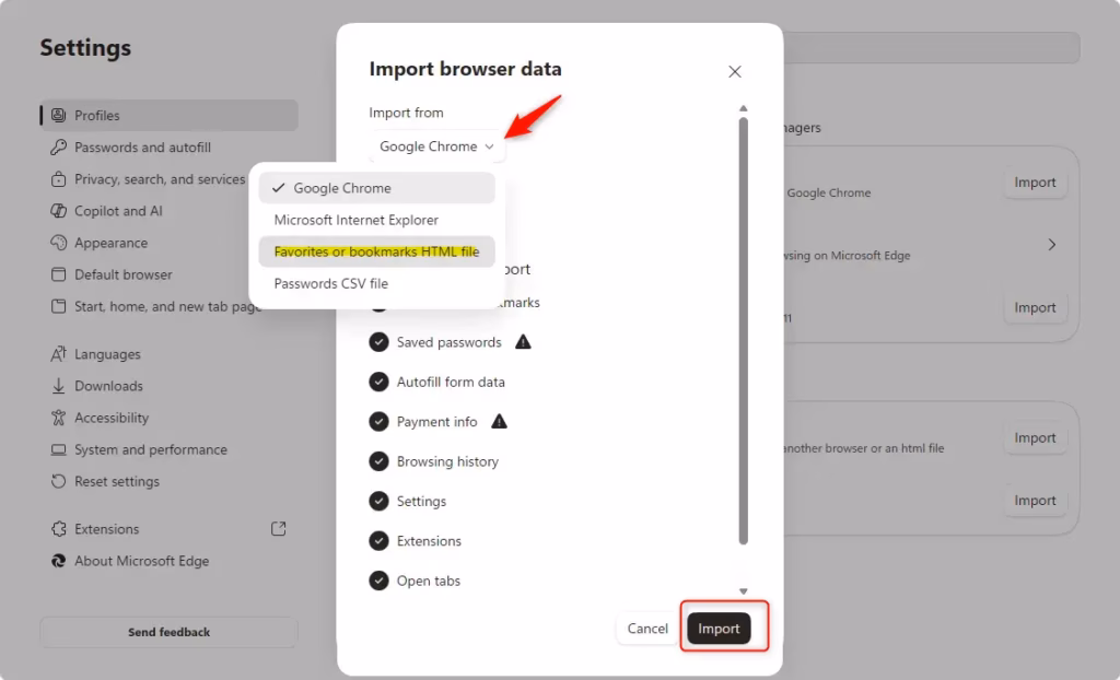 Microsoft Edge import settings showing options for importing favorites and passwords from files.