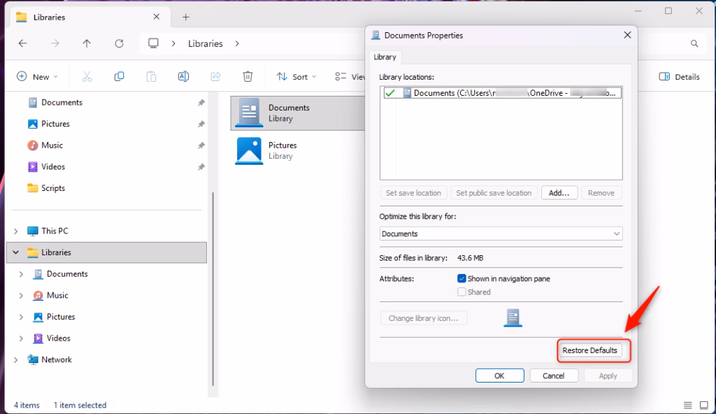 Clicking the Restore Defaults button in Windows 11 library properties