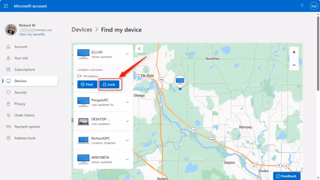 Confirmation screen for remotely locking a Windows 11 device.