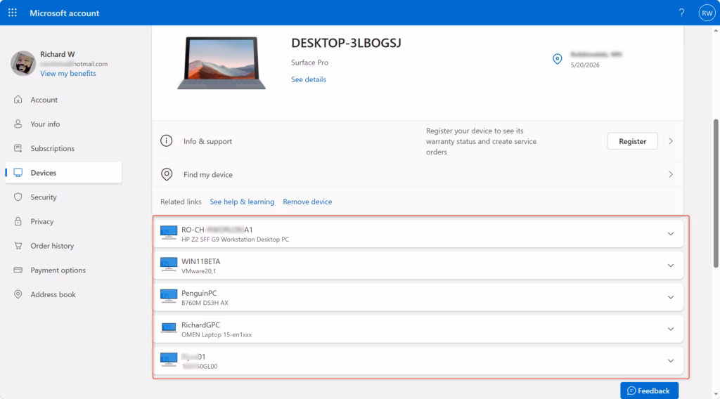 Windows 11 settings showing account type for Microsoft account login.